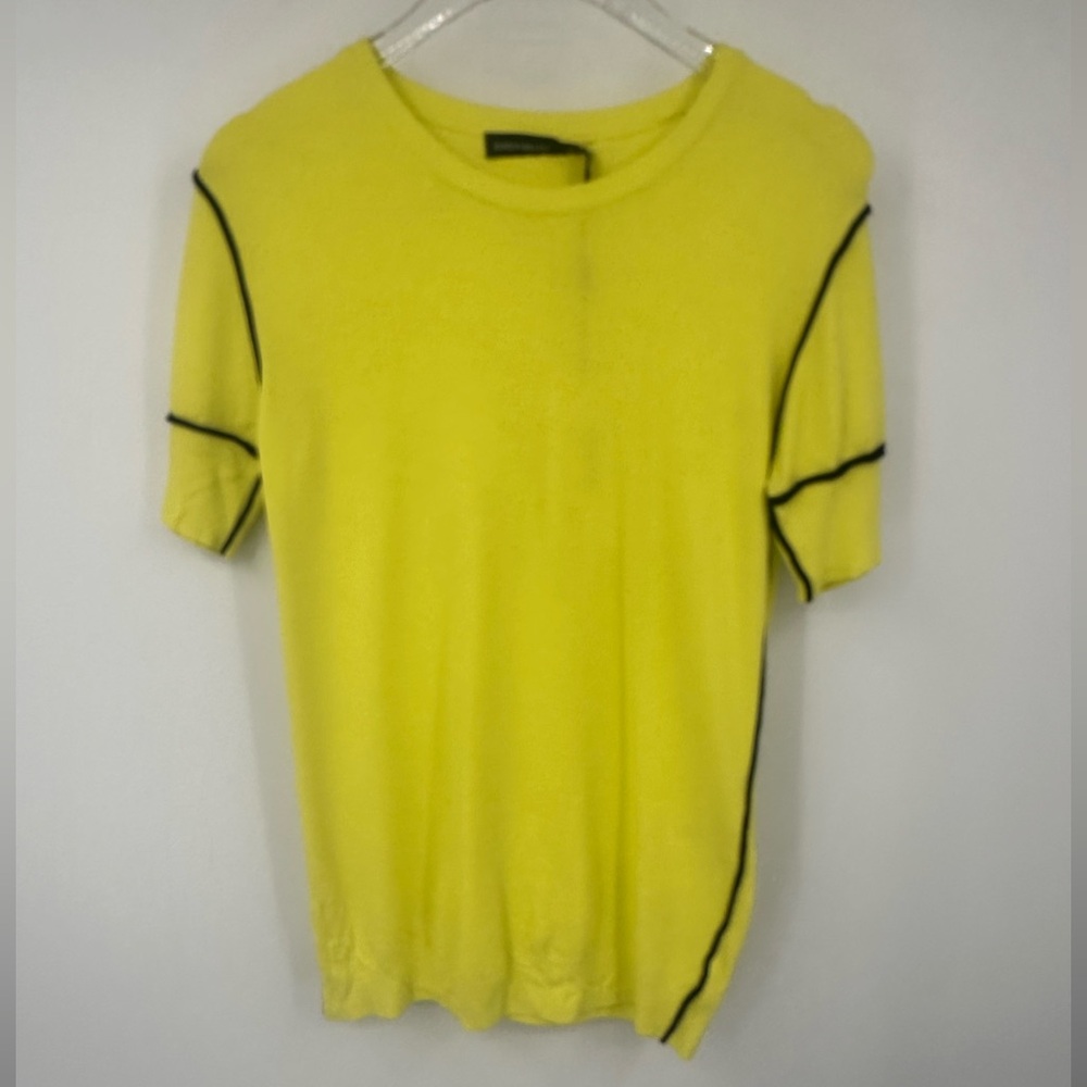 NWT Karen Millen Vibrant Yellow Knit Sweater Black Trim XS S Short Sleeves A262